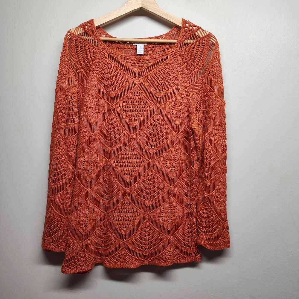 Chico's Crochet Top Women Size M (1) Orange Long Sleeve Relaxed Beachy Bohemian